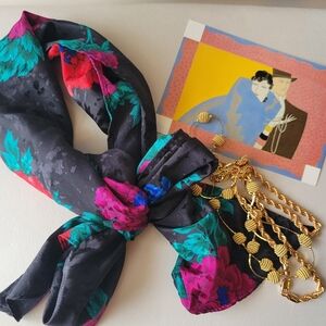 Black Floral Scarf ~ Colorful ~ Rectangular ~ Silky Feel Y2K ~ Pretty! ~ VGUC